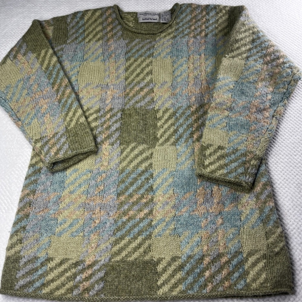 Northern Isles Hand Knitted Wool‎ Sweater Green Blue Plaid F97-196486 Womens S